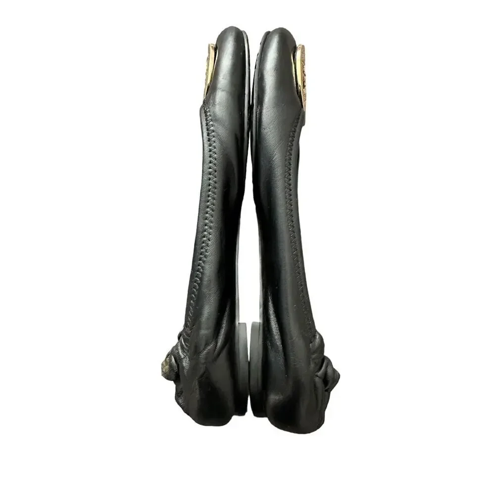 Tory Burch Reva Black Leather Gold Logo Medallion Ballet Flats Size 7 - Picture 8 of 12